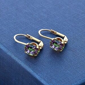 18K Yellow Gold 3.20ct Oval Green Purple Mystic Topaz Dangle Earrings Gift
